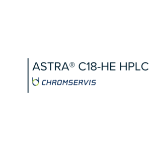 Astra C18-HE HPLC logo with Chromservis branding; blue vertical bar on the left and dark blue text.